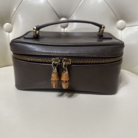 Authentic GUCCI Rare Vanity Bamboo Zipper Cosmetic Pouch Bag Mini Handbag Brown - Picture 1 of 11
